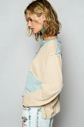 POL Color Block Notched Long Sleeve T-Shirt OutfitFlow